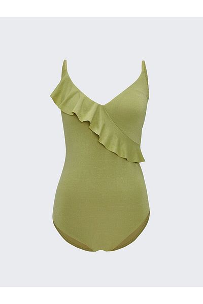LC Waikiki V-Neck Strappy Ruffle Detailed Women's Swimsuit