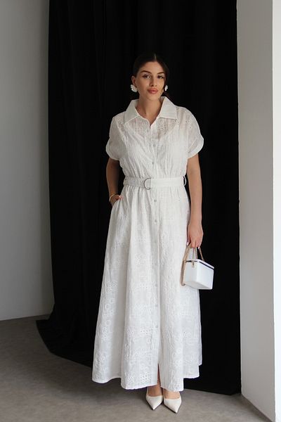 Julidress Ecru White Separately Lined Belted Long Scallop Dress