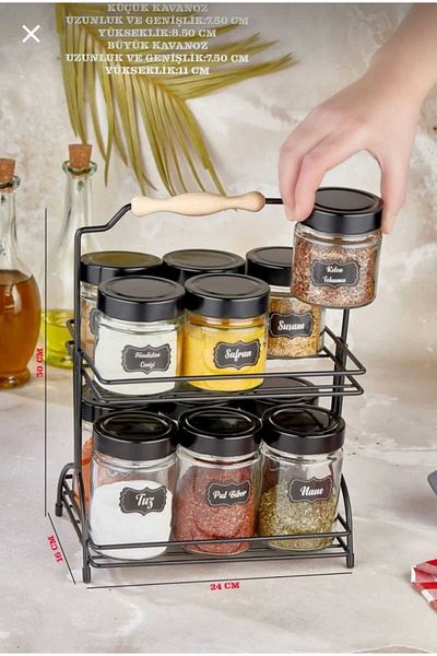 METALAY 12-Piece Glass Spice Set with Metal Stand and Multi-Purpose Wooden Handle