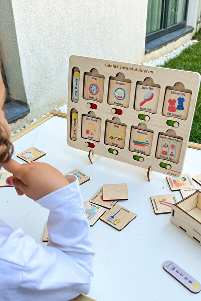 zoziva Günlük Sorumluluklarım, Çocuklar için Görsel Program, Günlük Program, İş Çizelgesi Ahşap Oyuncağı