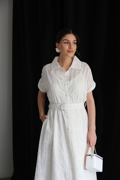 Julidress Ecru White Separately Lined Belted Long Scallop Dress