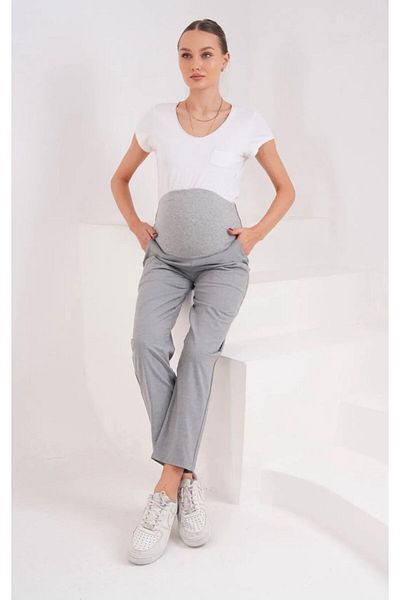BIG LESSON Maternity Stretchy Tummy Banded Waist Adjustable Mom Fit Classic Gabardine Fabric Pants Gray