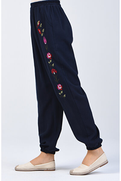 sefamerve Şile fabric embroidered trousers 0019-04 navy blue