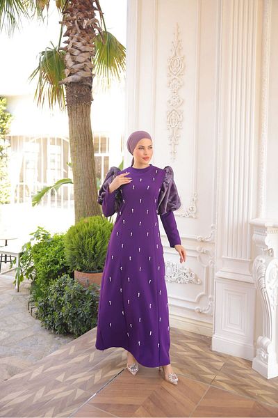 İSM BUTİK Balloon Sleeve Dress with Pearls on the Front