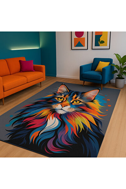new colourse Kedi Sanatsal Dijital Pamuk Dokuma Kaymaz Taban Dekoratif Halı