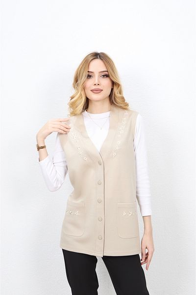 Özenli Triko Steel Knitted 5 Button Chest Embroidered Mother Vest Stone