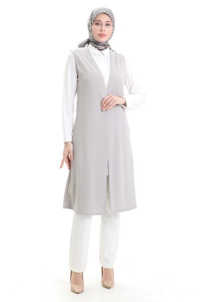 sefamerve Seasonal Long Basic Vest Plus Size Mother Vest 8748-01 Gray