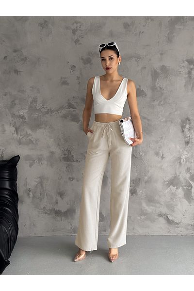 diaves Beige Linen Blended Loose Cut Long Trousers