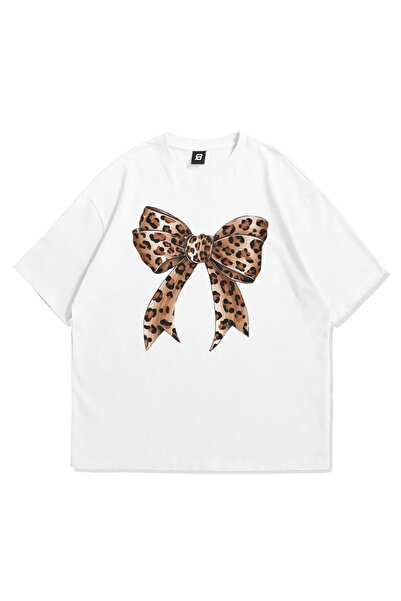 3 ROPE Tricou oversize pentru femei cu imprimeu cu panglică leopard Tricou alb