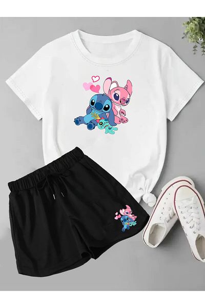 makiteks Set de 2 pantaloni scurți și tricou pentru femei de culoare uni Lilo Stitch