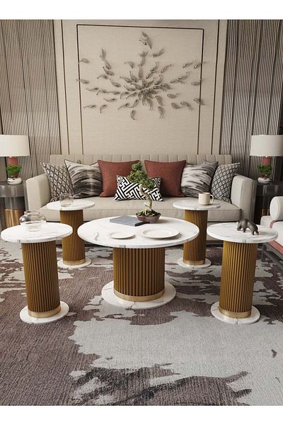 Generic Luxury Coffee Table Set – 5 Pieces, Gold and White Marble Design