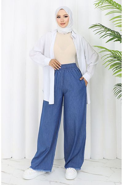 sefamerve Pantaloni din denim cu talie elastică 5827-02 Albastru
