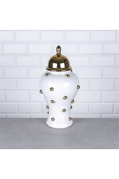 Hinora Gold Beyaz Boncuklu Büyük Boy Porselen Küp Dekoratif Süs 22x22x45cm TE...