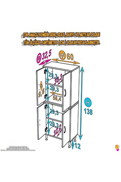 Modilayn İLKİM 60x138x32,5 cm Ekstra Düzen İçin Kullanışlı 4 Kapak 4 Bölmeli Banyo Mutfak Dolabı