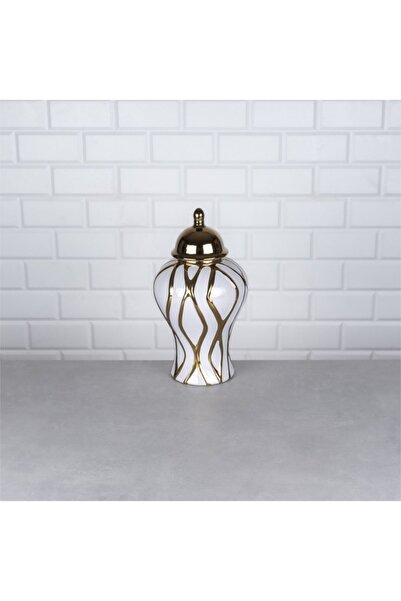 Hinora Gold Beyaz Çizgi Detay Küçük Küp Porselen Dekorasyon Obje 17x17x31 TEK...