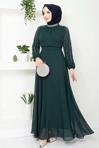 Tesettür Diyarı Βραδινό φόρεμα με κέντημα μανίκι και γιακά - Σμαραγδένιο πράσινο