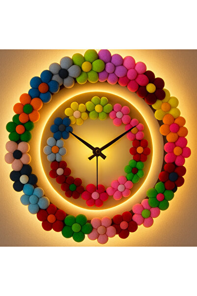klubeconcept El Yapımı Renkli Ponpon Çiçekli LED Işıklı Duvar Saati Dekoratif...
