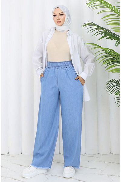 sefamerve Pantaloni din denim cu talie elastică 5827-01 Albastru deschis