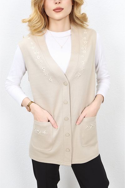 Özenli Triko Steel Knitted 5 Button Chest Embroidered Mother Vest Stone