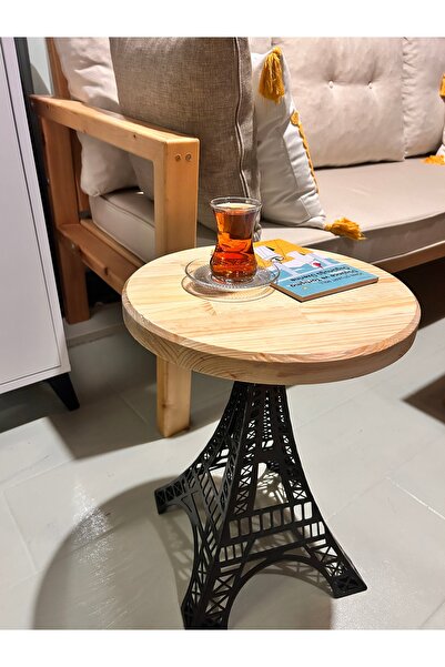 RWL Eiffel Masif Sehpa - Çam Ahşap Üstlü, Eiffel Kule Desenli Metal Ayaklı, 48 cm Yükseklik 35 cm çap