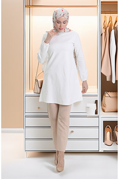 sefamerve Εποχιακό ντραπέ απλό τουνίκ με ελαστικό μανίκι 8749-A01 Off White