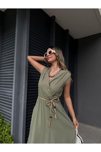 Lady Pixie Shoulder Gathered Straw Rope Belt Dress