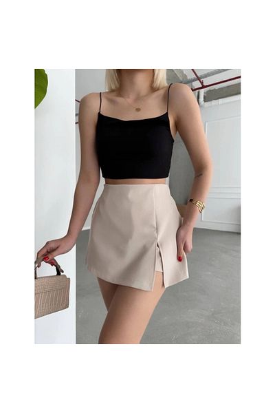 Butik Beige Color Single Slit Shorts Skirt