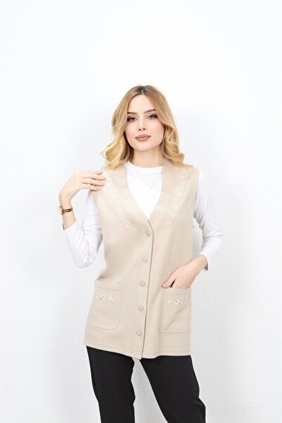 Özenli Triko Steel Knitted 5 Button Chest Embroidered Mother Vest Stone