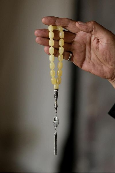 dergah tesbih Special Silver Design İmame Drop Amber Rosary (Amber)