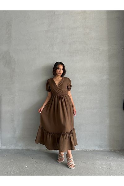 BEJNA Women's Brown Double Breasted Collar Gimped Muslin Dress