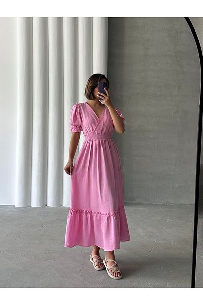 BEJNA Women's Pink Double Breasted Collar Gimped Muslin Dress
