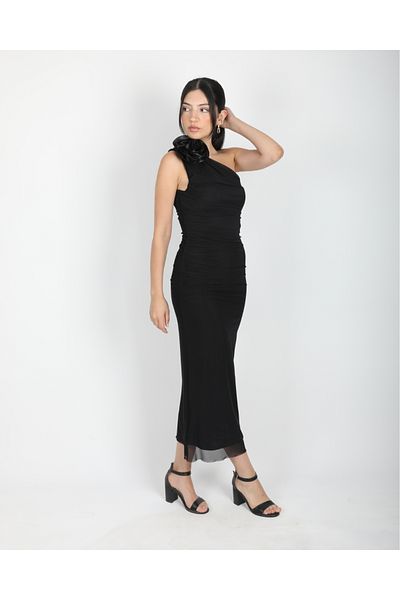 DEQ FASHION Women's Black One Shoulder Flower Brooch Midi Length Tulle Evening Dress