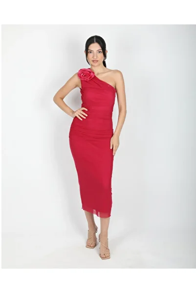 deqfashion Fuchsia One Shoulder Floral Brooch Draped Midi Length Evening Dress