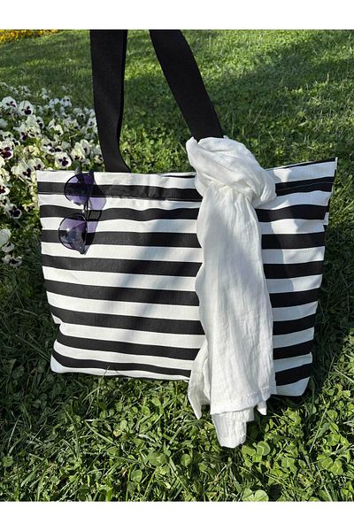 HALFART Ασπρόμαυρη ριγέ αδιάβροχη τσάντα παραλίας από λινό πάπια |   Μεγάλο Μέγεθος 45x55 cm |   Με φερμουάρ, τσέπη