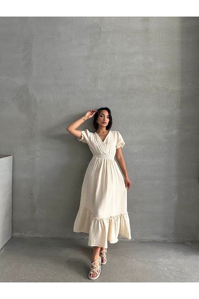 BEJNA Women's Beige Double Breasted Collar Gimped Muslin Dress