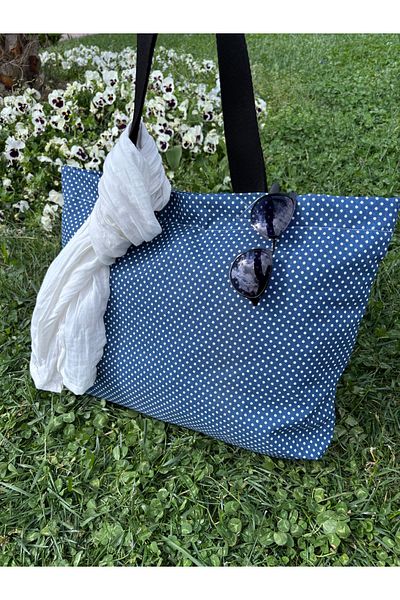 HALFART Τσάντα παραλίας Navy Blue πουά αδιάβροχη λινό πάπια |   Μεγάλο Μέγεθος 45x55 cm |   Με φερμουάρ, τσέπη