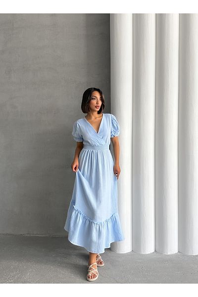 BEJNA Women's Blue Double Breasted Collar Gimped Muslin Dress