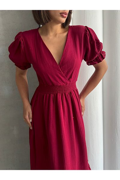 BEJNA Women's Burgundy Double Breasted Collar Gipeli Muslin Dress