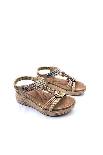Guja Stone and Bead Weave Detailed Elastic Wedge Sole Beige Women's Sandals