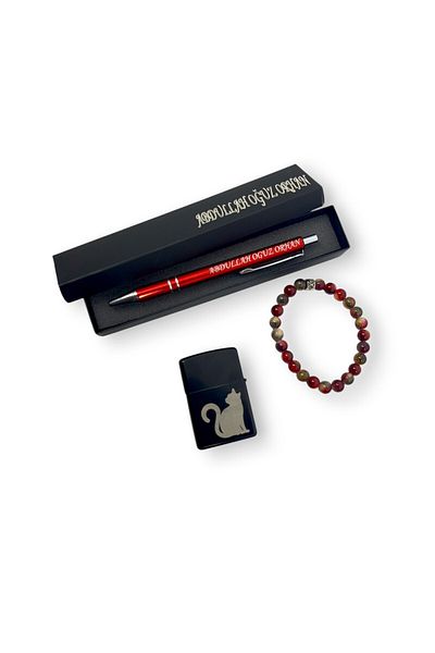 SürLaz 3 Piece Gift Hobby Set Cat Patterned Lighter Cat Patterned Ballpoint Pen and Bracelet