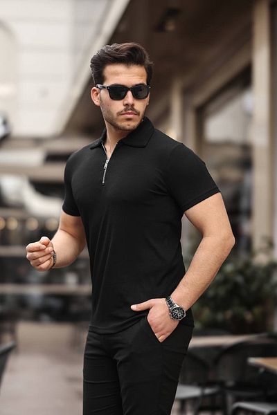 eg38 Half Zipper Polo Neck T-Shirt Black