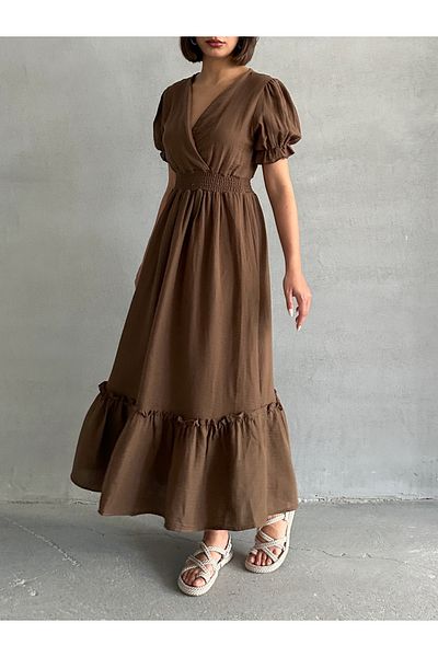 BEJNA Women's Brown Double Breasted Collar Gimped Muslin Dress