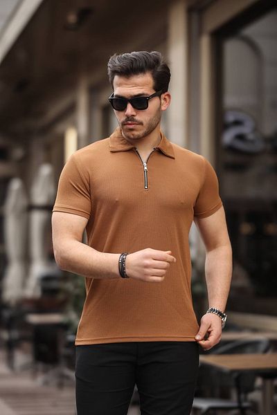 eg38 Half Zipper Polo Neck T-Shirt Brown