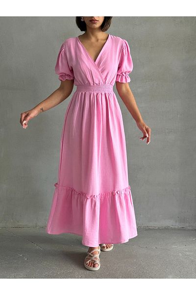 BEJNA Women's Pink Double Breasted Collar Gimped Muslin Dress