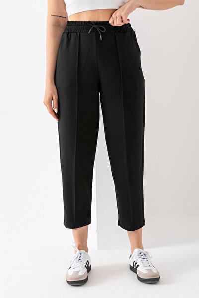 Genel Markalar Kadın Siyah Modal Balon Model Likralı Pantolon Yumuşak Doku Beli Lastikli Çımalı Bilek Pantolon