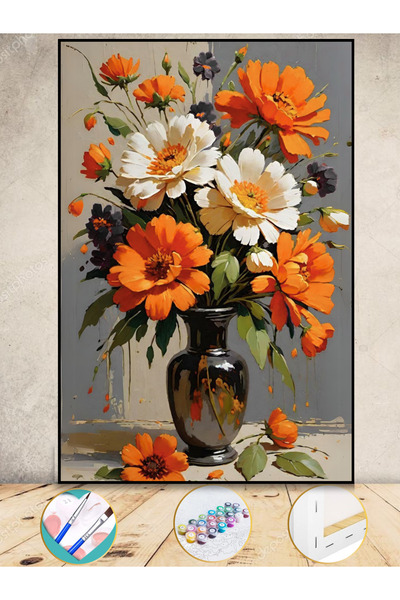 Puzzle Sayılarla Boyama Numaralı Tuval Seti Fırça Boya Dahil 35x50 Cm Vazoda ...