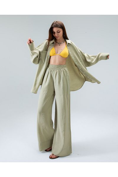 Tt Line Palazzo Trousers Women's Regular Side Pocket Viscose Wide Leg Elastic Waist Modal Organic Fabric