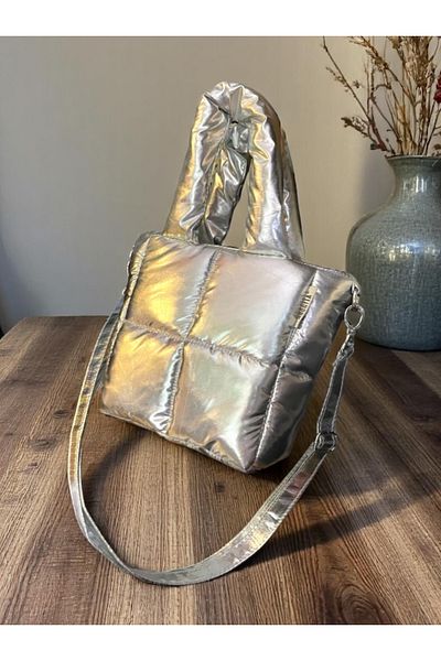Nuggita Nuggıta Women's Bag Shiny Metallic Gray - Piccolo Quadrato - Waterproof Puffer Bag