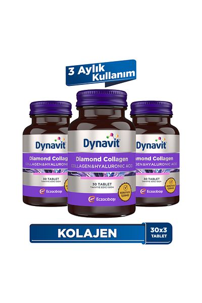 Dynavit 30 قرصًا من الكولاجين الماسي وحمض الهيالورونيك - عبوة مكونة من 3 قطع - نوع واحد من الكولاجين السمكي