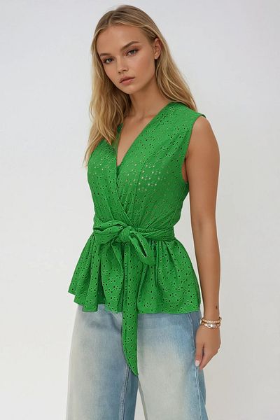 Trend Alaçatı Stili Women's Green Double Breasted Collar Self Belted Skirt Flounced Guipure Blouse Alc-X14173